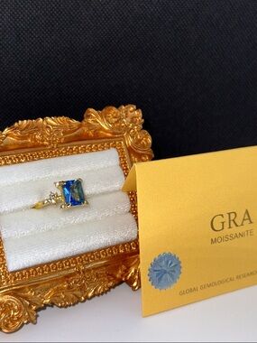 Blue Square-Cut GRA Moissanite 925 Sterling Silver Ring with GRA Certificate